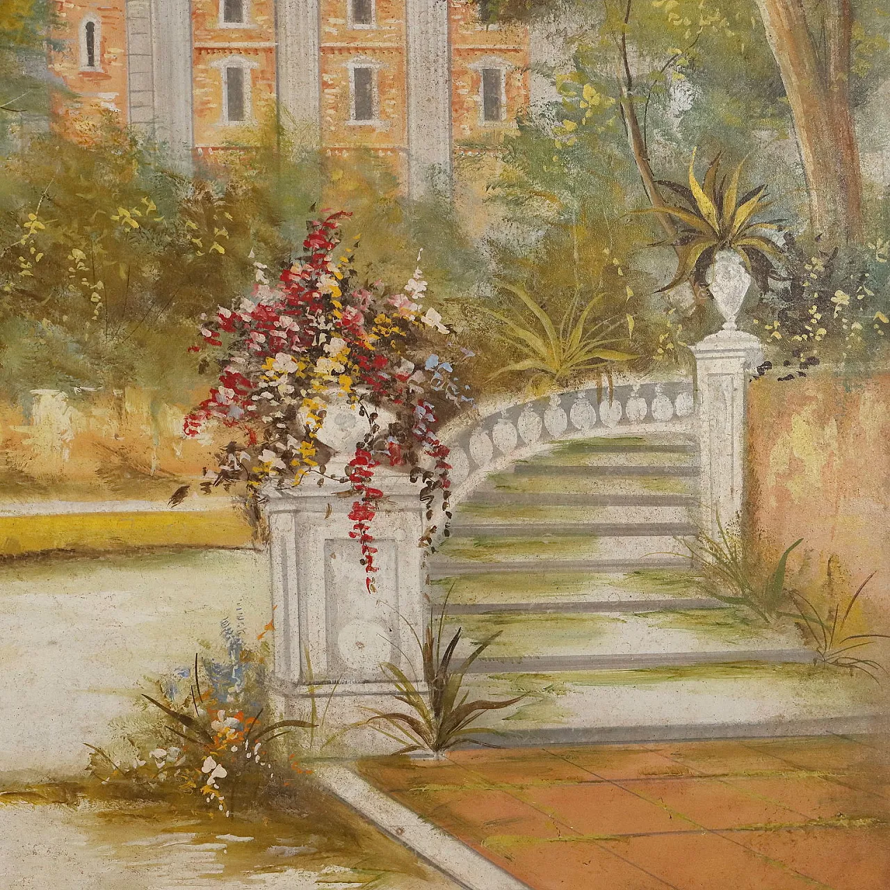 Painted Villa with Garden, mixed media on canvas, 20th century 5