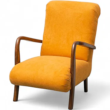 Armchair in wood and orange fabric, 1960s