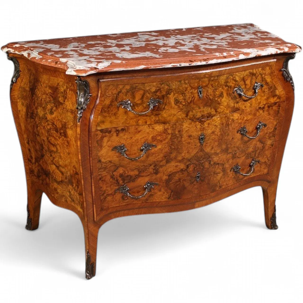 Louis XV style inlaid chest of drawers with marble top, 20th century 14