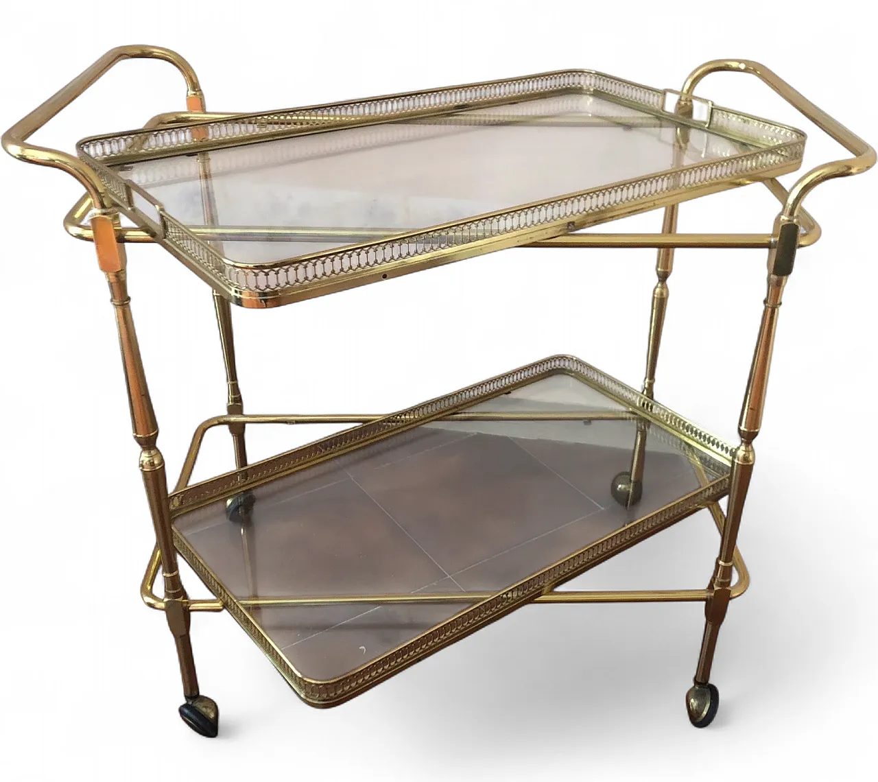 Carrello bar portavivande in vetro e ottone, anni '60 4