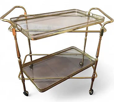 Carrello bar portavivande in vetro e ottone, anni '60