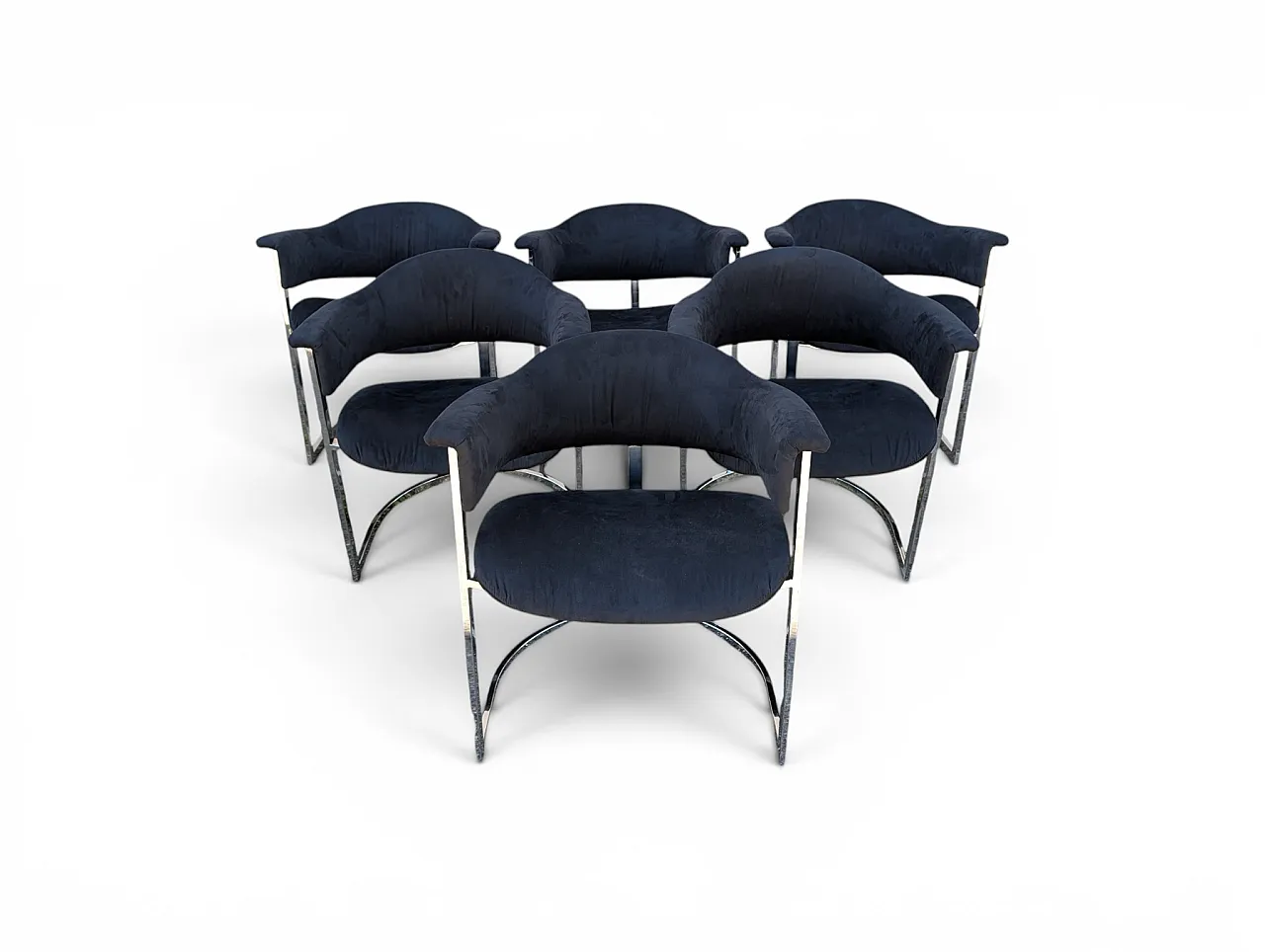 6 dining chairs in steel and black velvet, 1970s 1