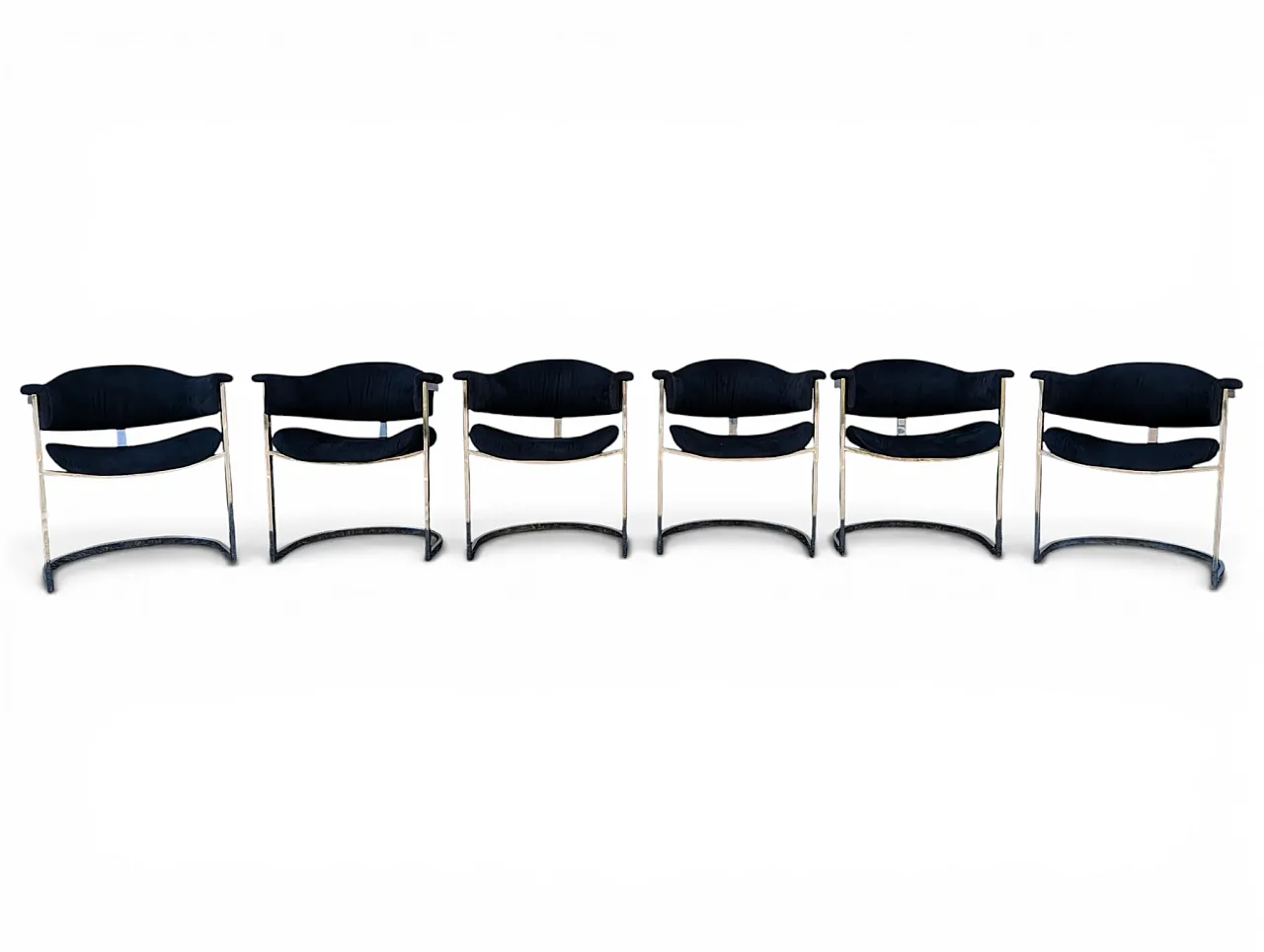 6 dining chairs in steel and black velvet, 1970s 13