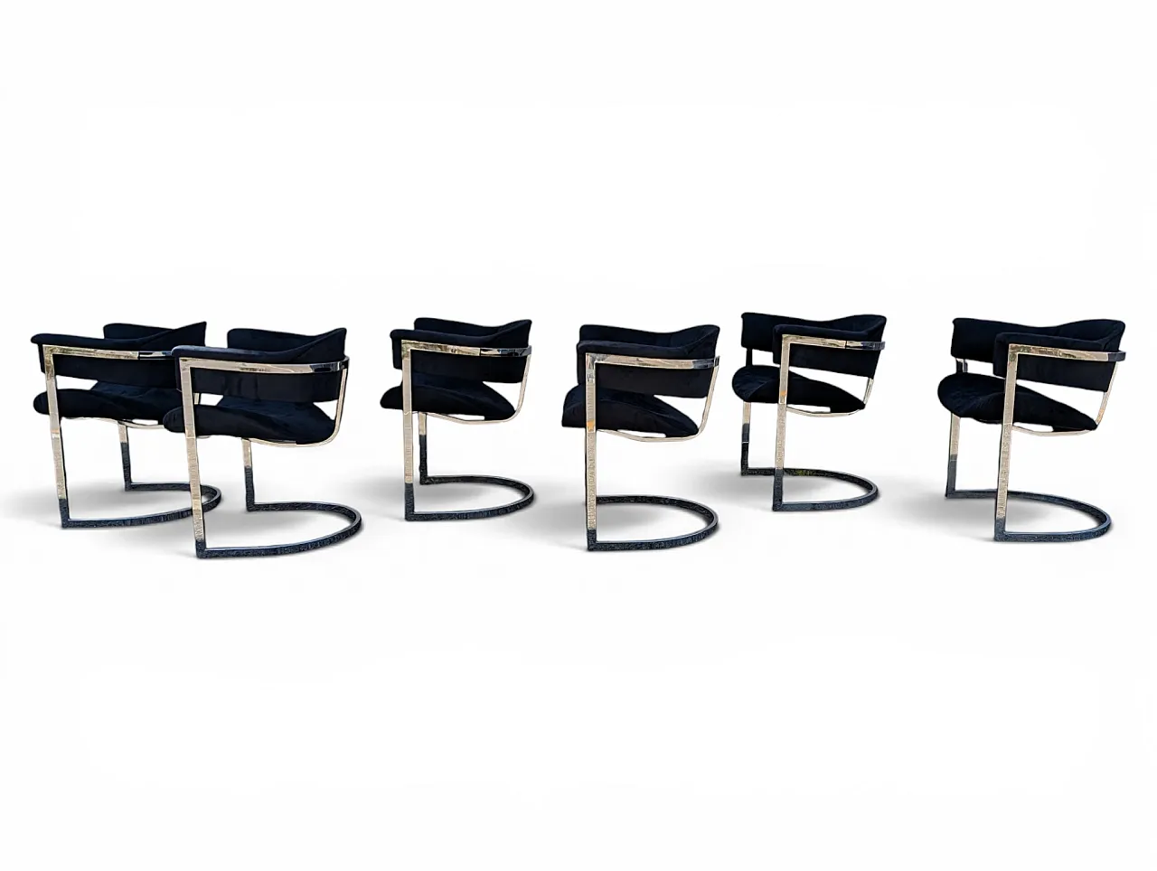 6 dining chairs in steel and black velvet, 1970s 14
