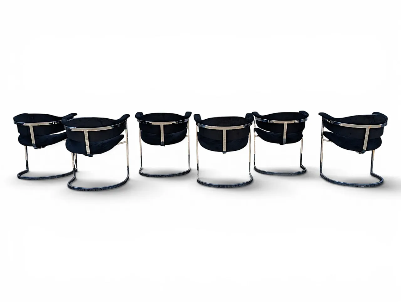 6 dining chairs in steel and black velvet, 1970s 15