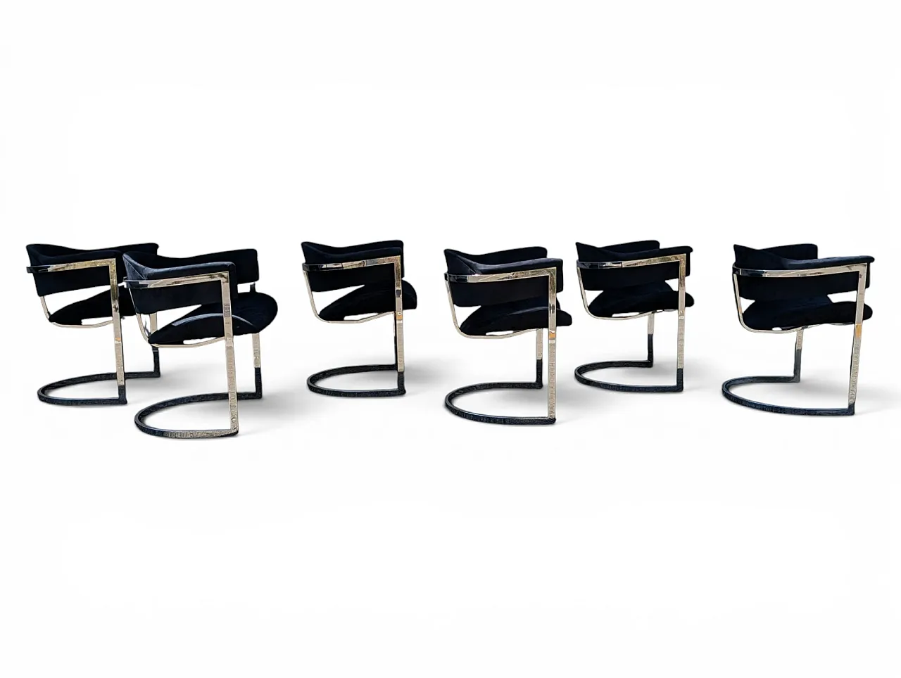 6 dining chairs in steel and black velvet, 1970s 16
