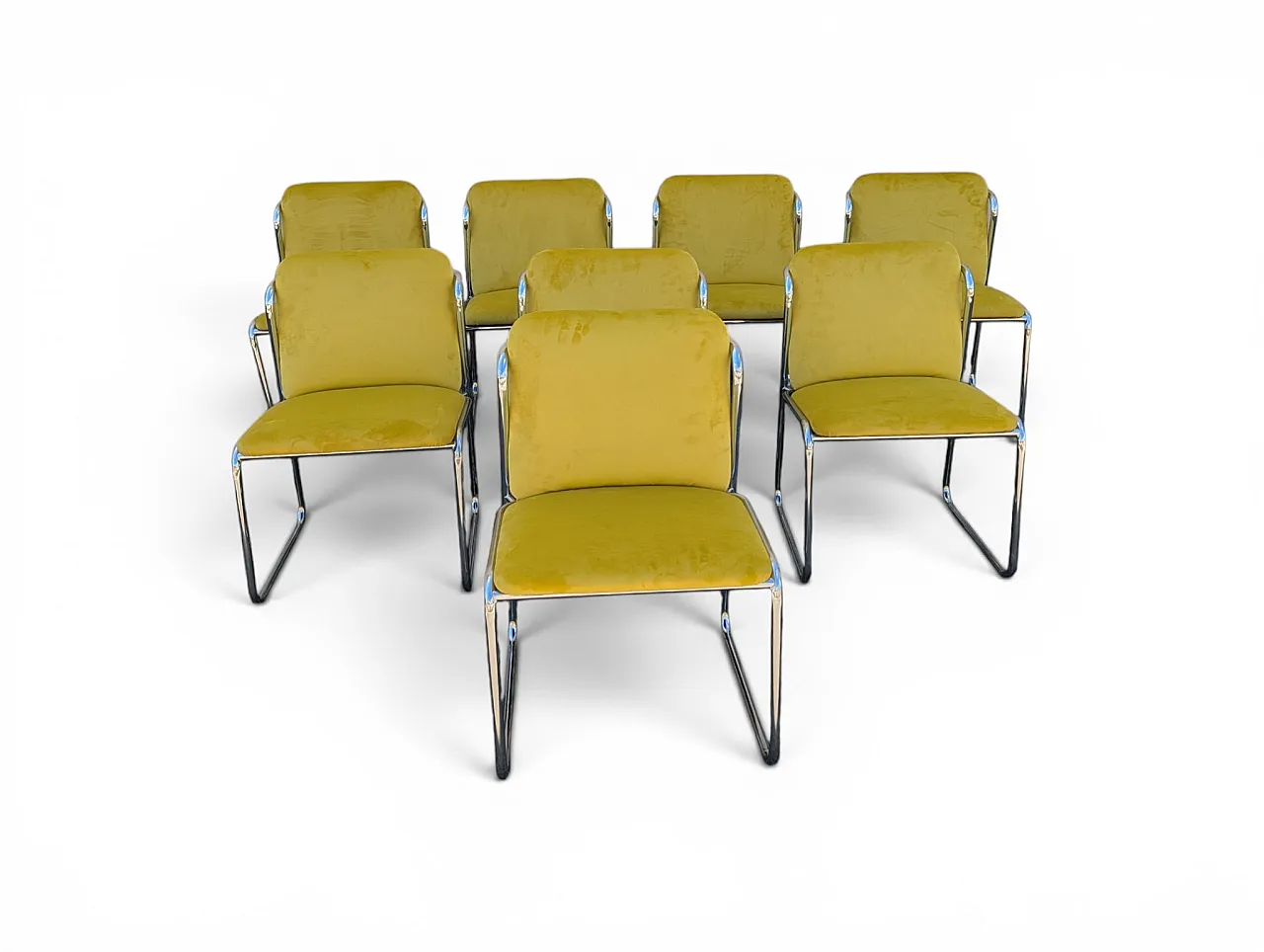 8 steel chairs with yellow velvet, 1970s 1