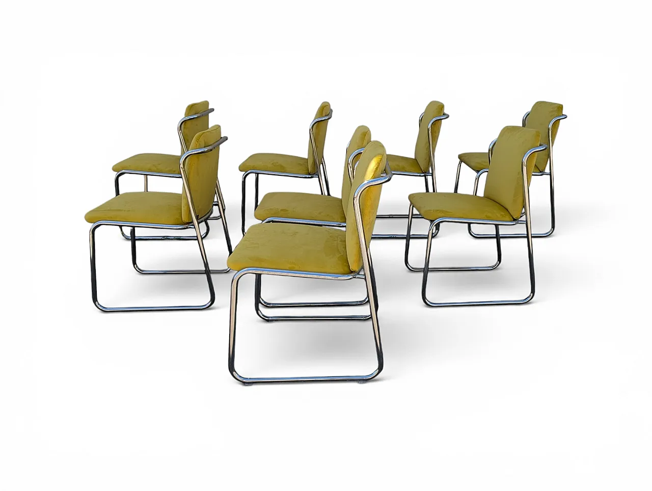 8 steel chairs with yellow velvet, 1970s 2