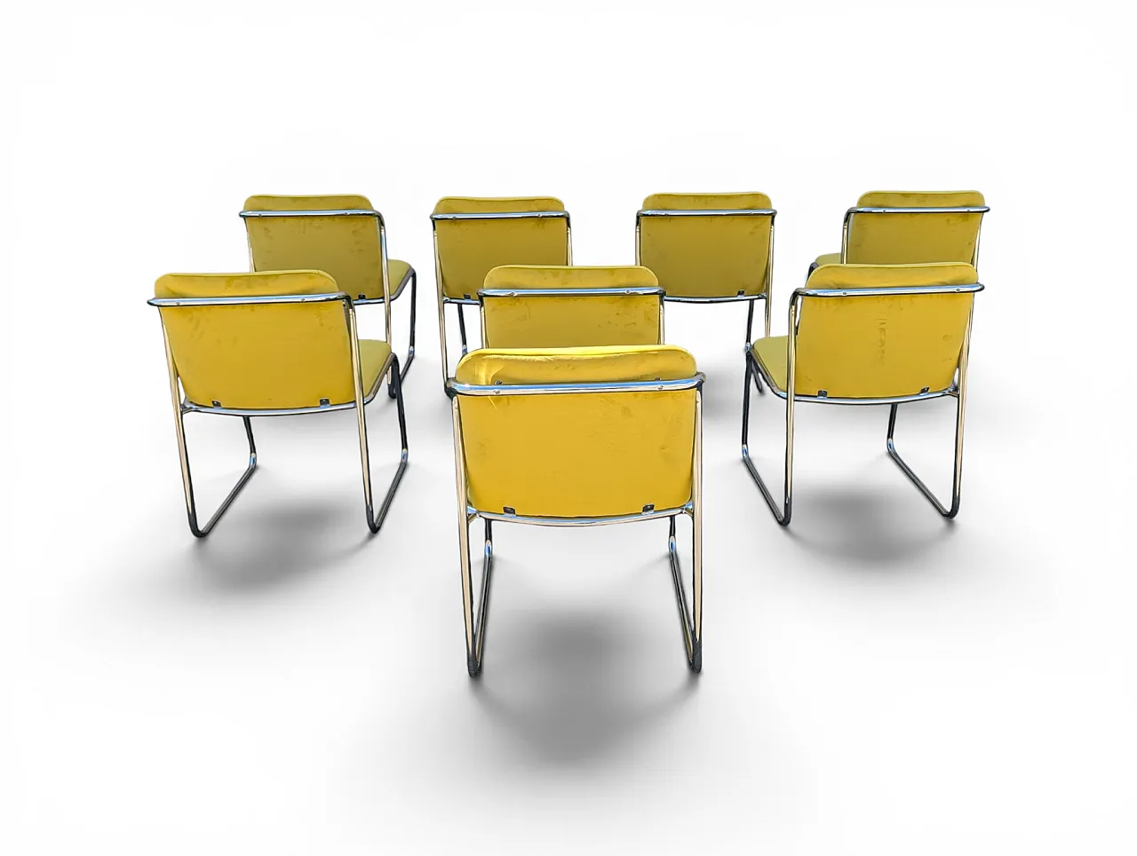 8 steel chairs with yellow velvet, 1970s 3