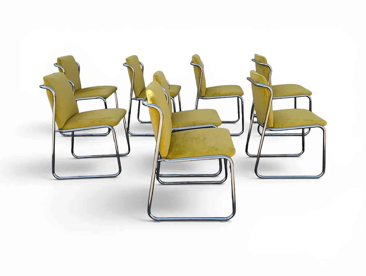 8 steel chairs with yellow velvet, 1970s 4