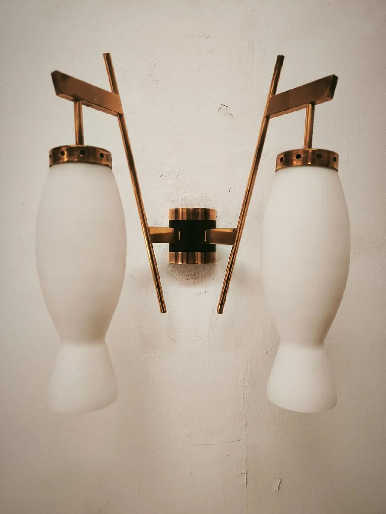 Brass wall lamp with double opal glass light, 1960s 1