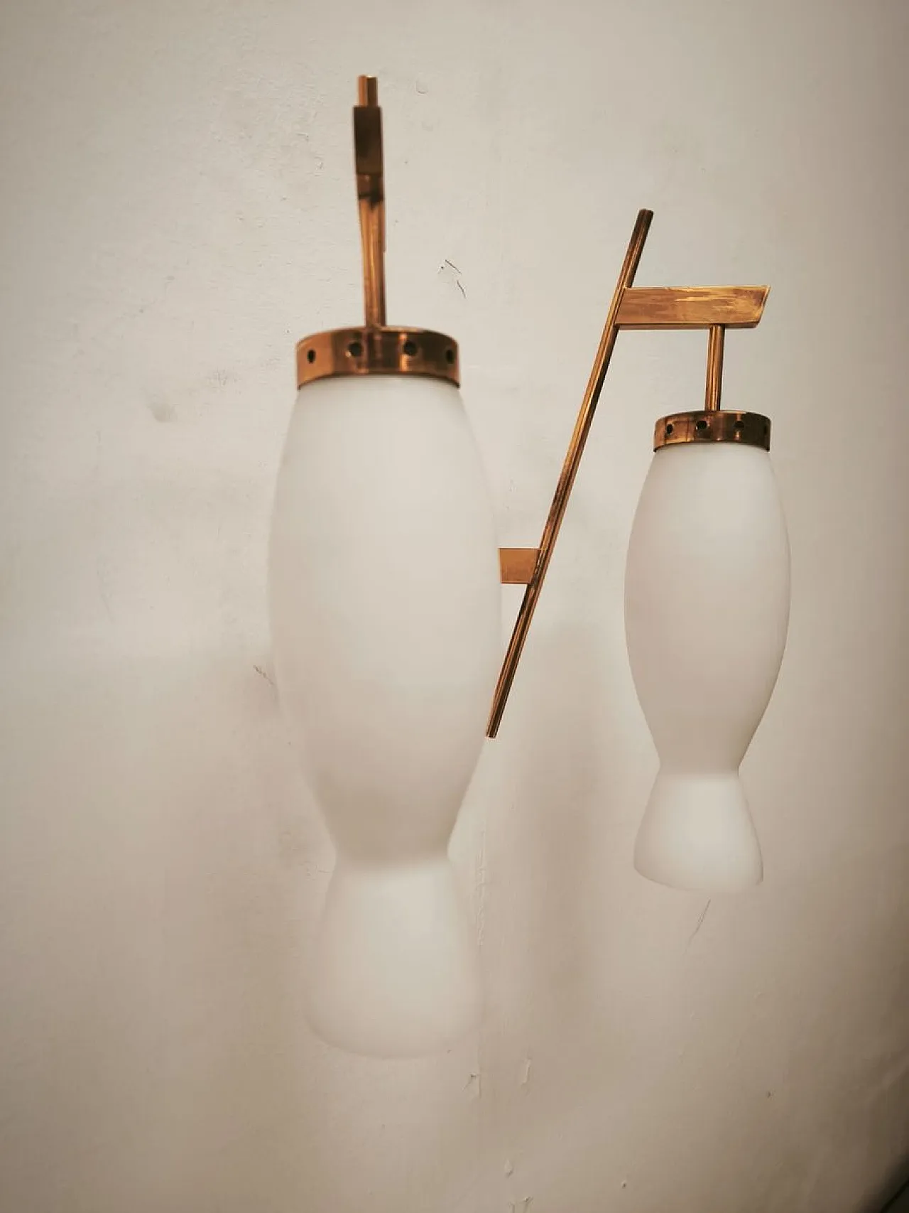 Brass wall lamp with double opal glass light, 1960s 3