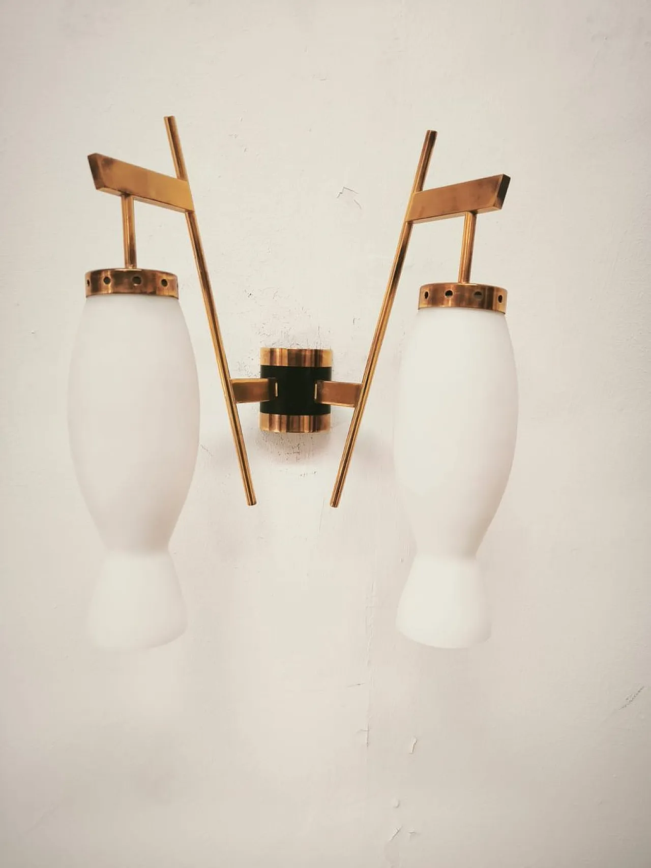 Brass wall lamp with double opal glass light, 1960s 6