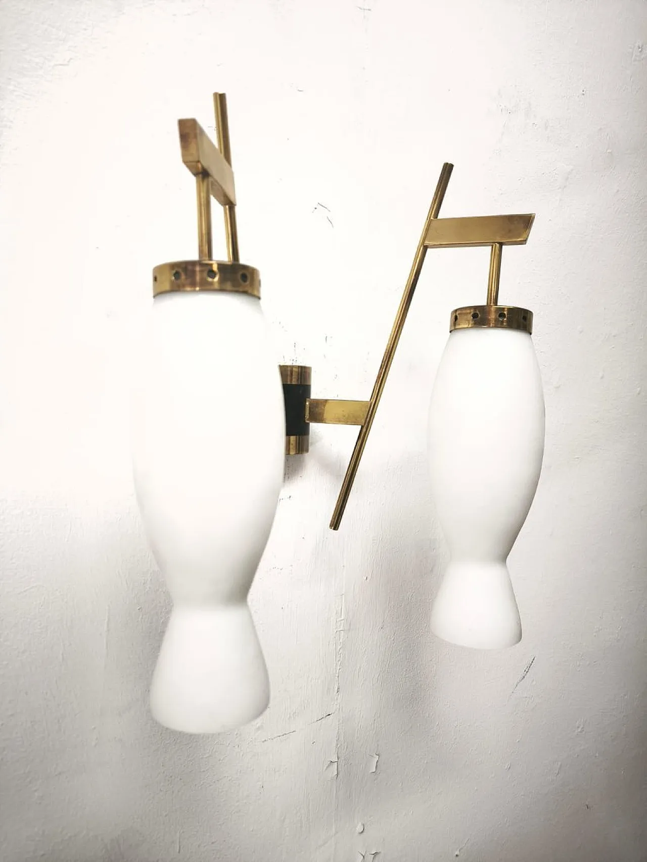 Brass wall lamp with double opal glass light, 1960s 8