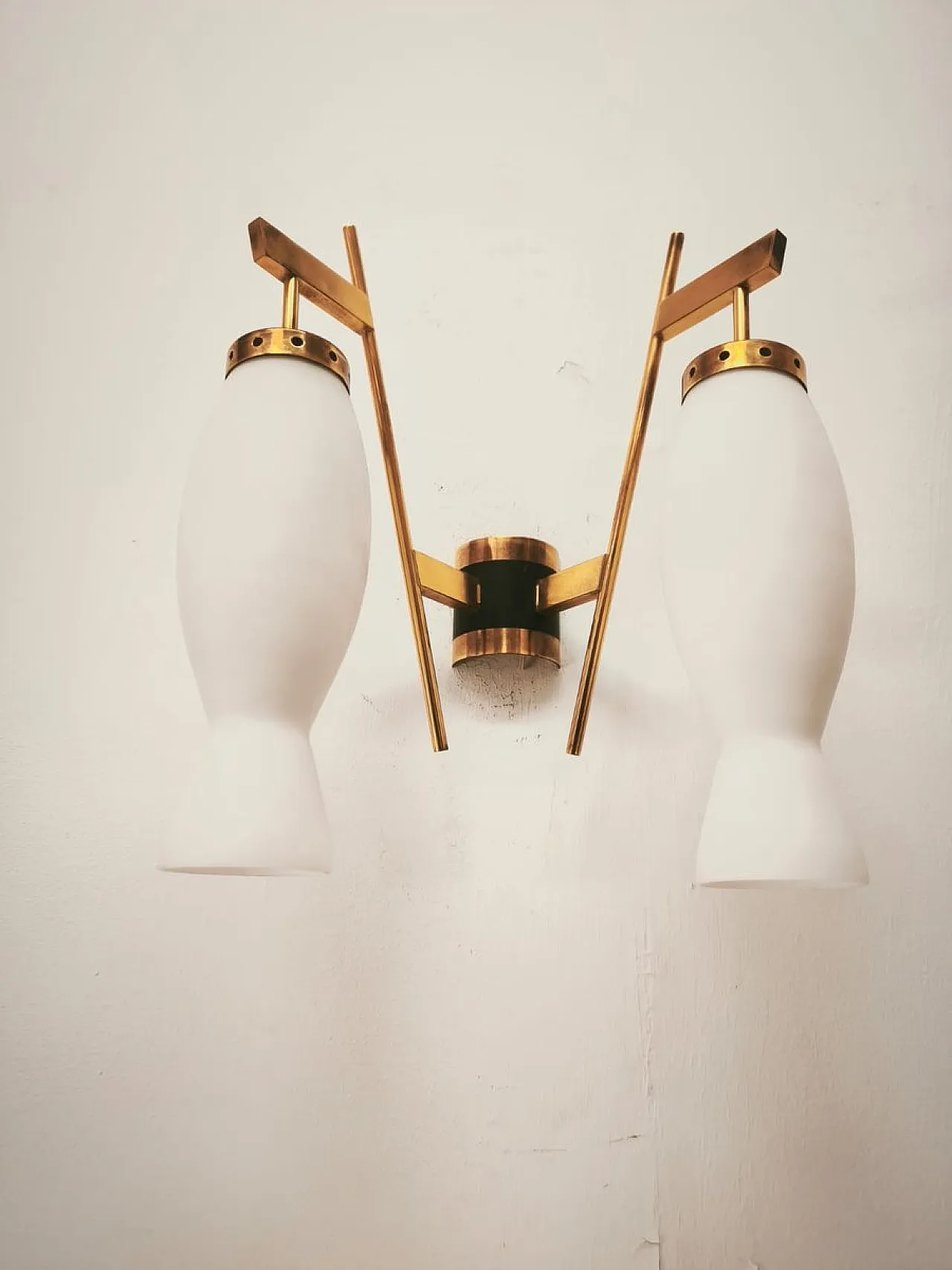 Brass wall lamp with double opal glass light, 1960s 11
