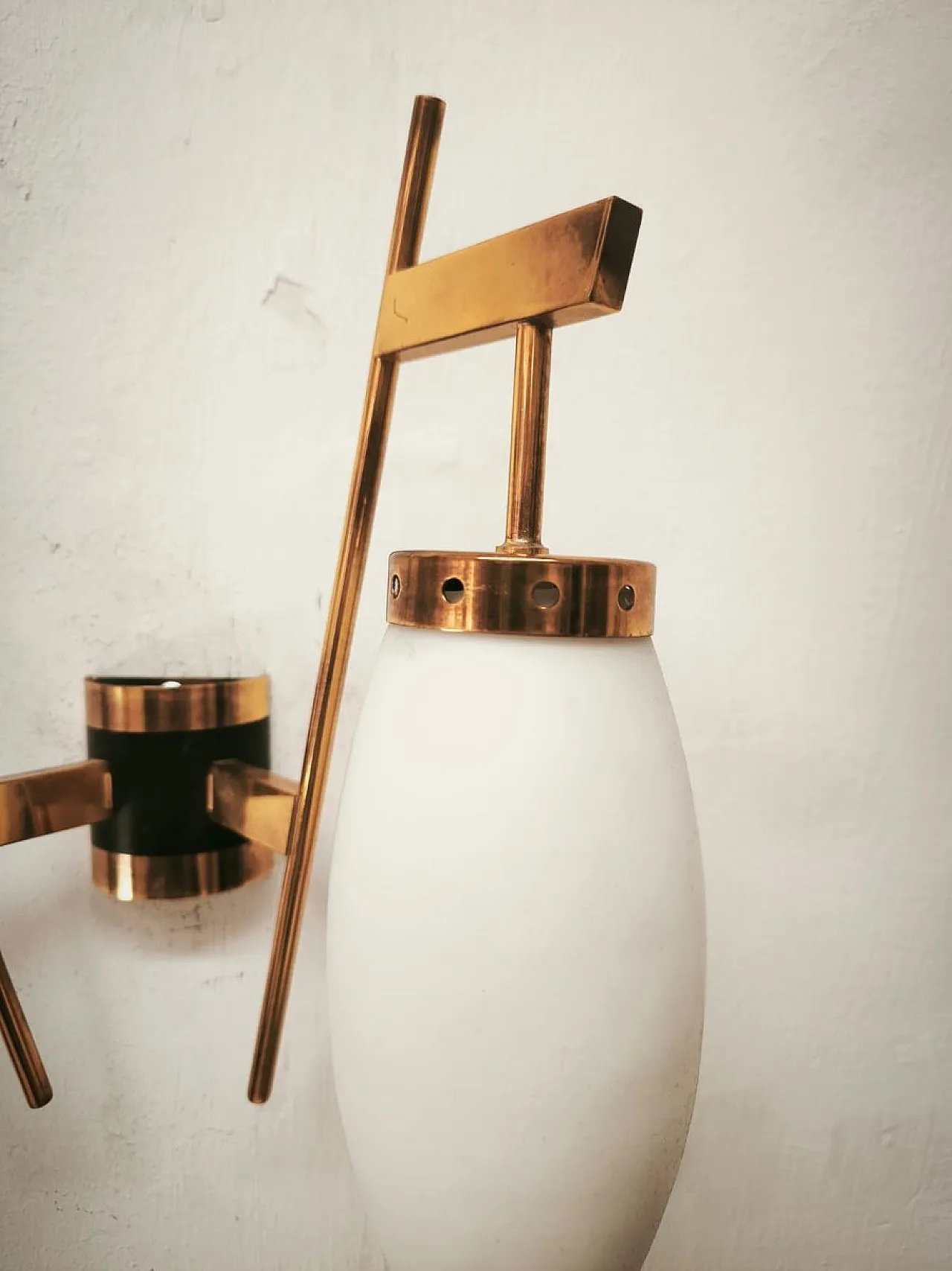 Brass wall lamp with double opal glass light, 1960s 12