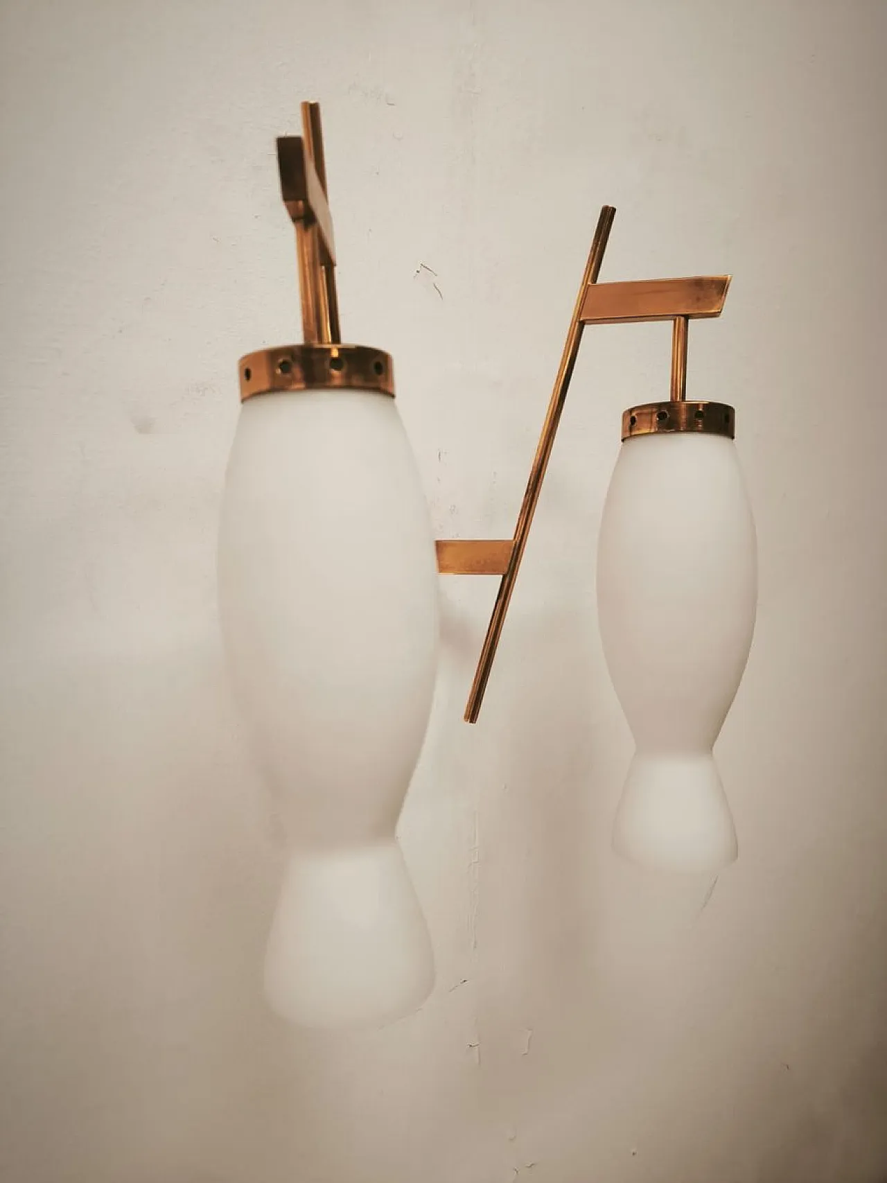 Brass wall lamp with double opal glass light, 1960s 13