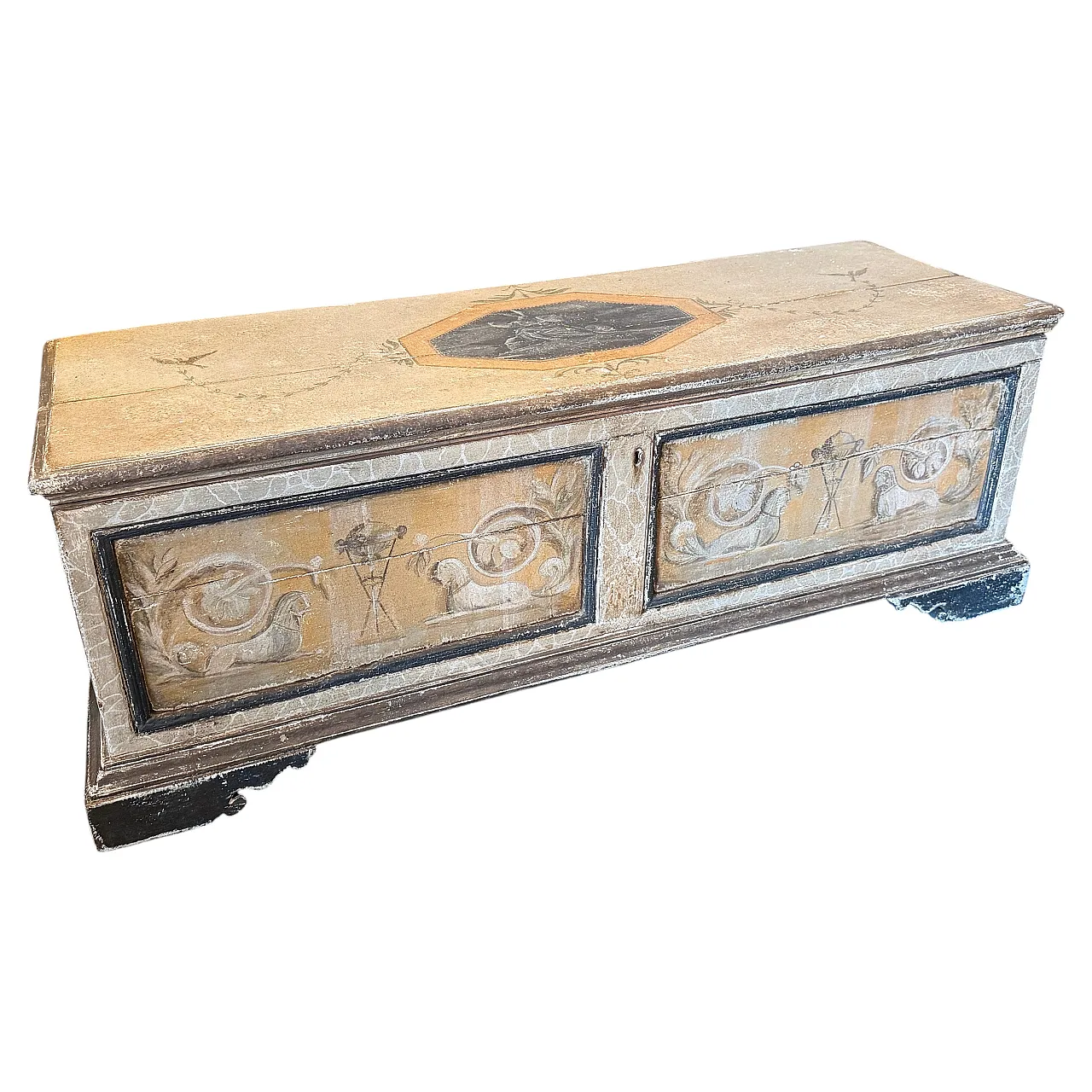 Cassapanca per coperte in legno dipinto a mano, '800 1