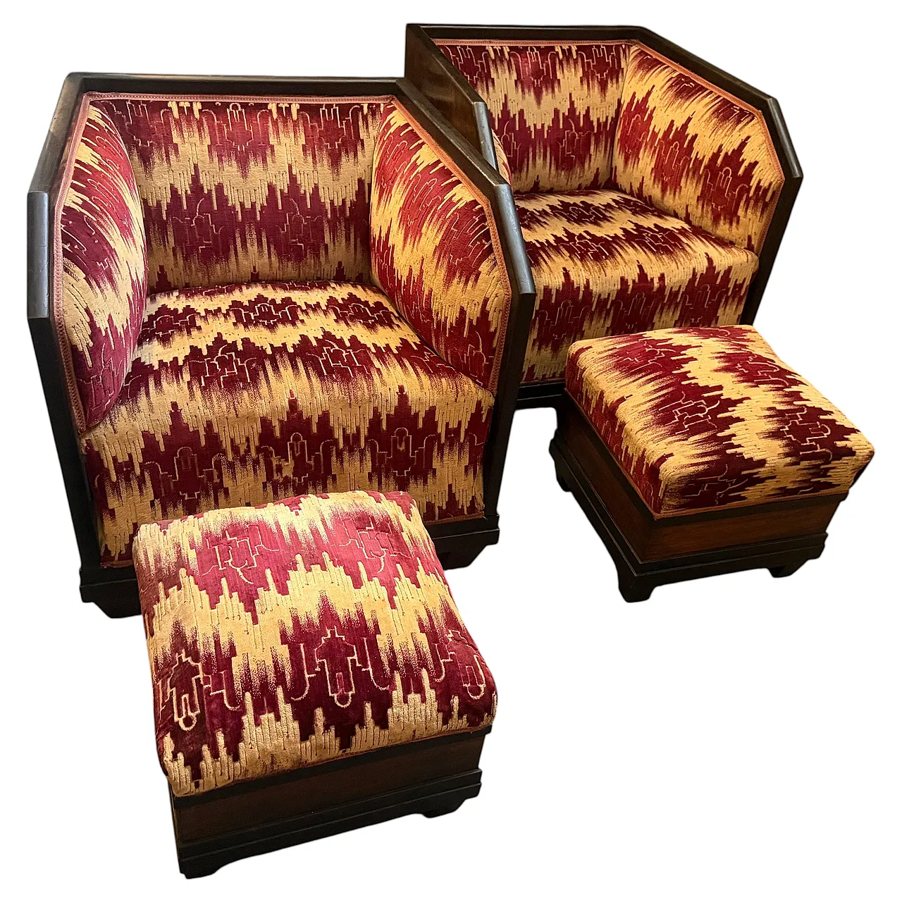 Set da soggiorno di 6 pezzi in legno e tessuto, anni '30 1