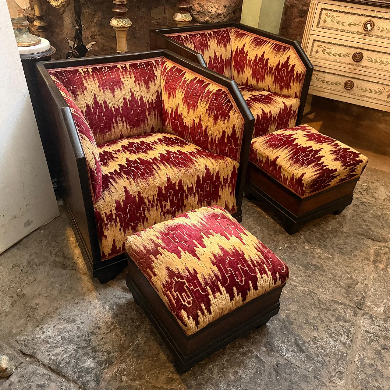 Set da soggiorno di 6 pezzi in legno e tessuto, anni '30 3
