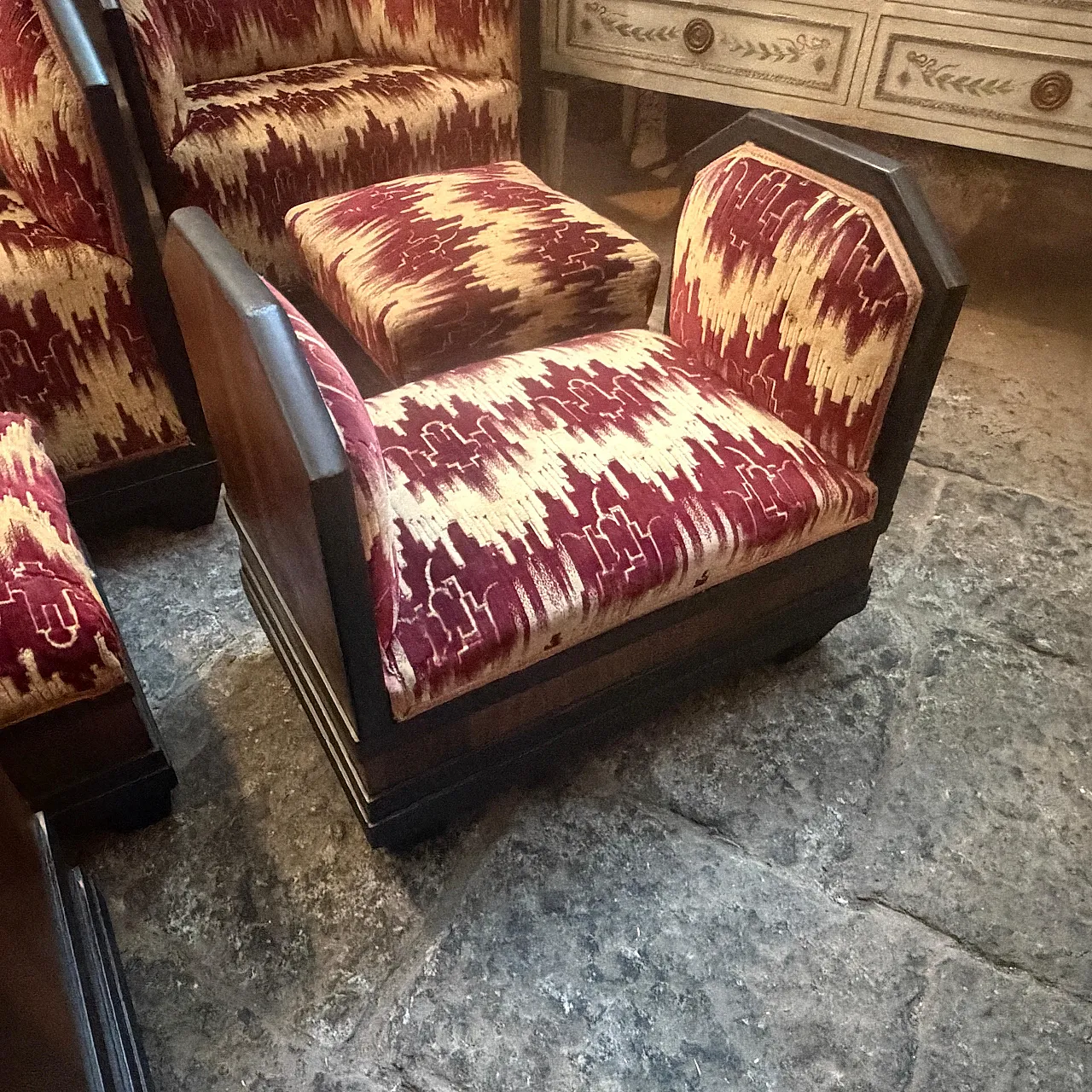 Set da soggiorno di 6 pezzi in legno e tessuto, anni '30 4