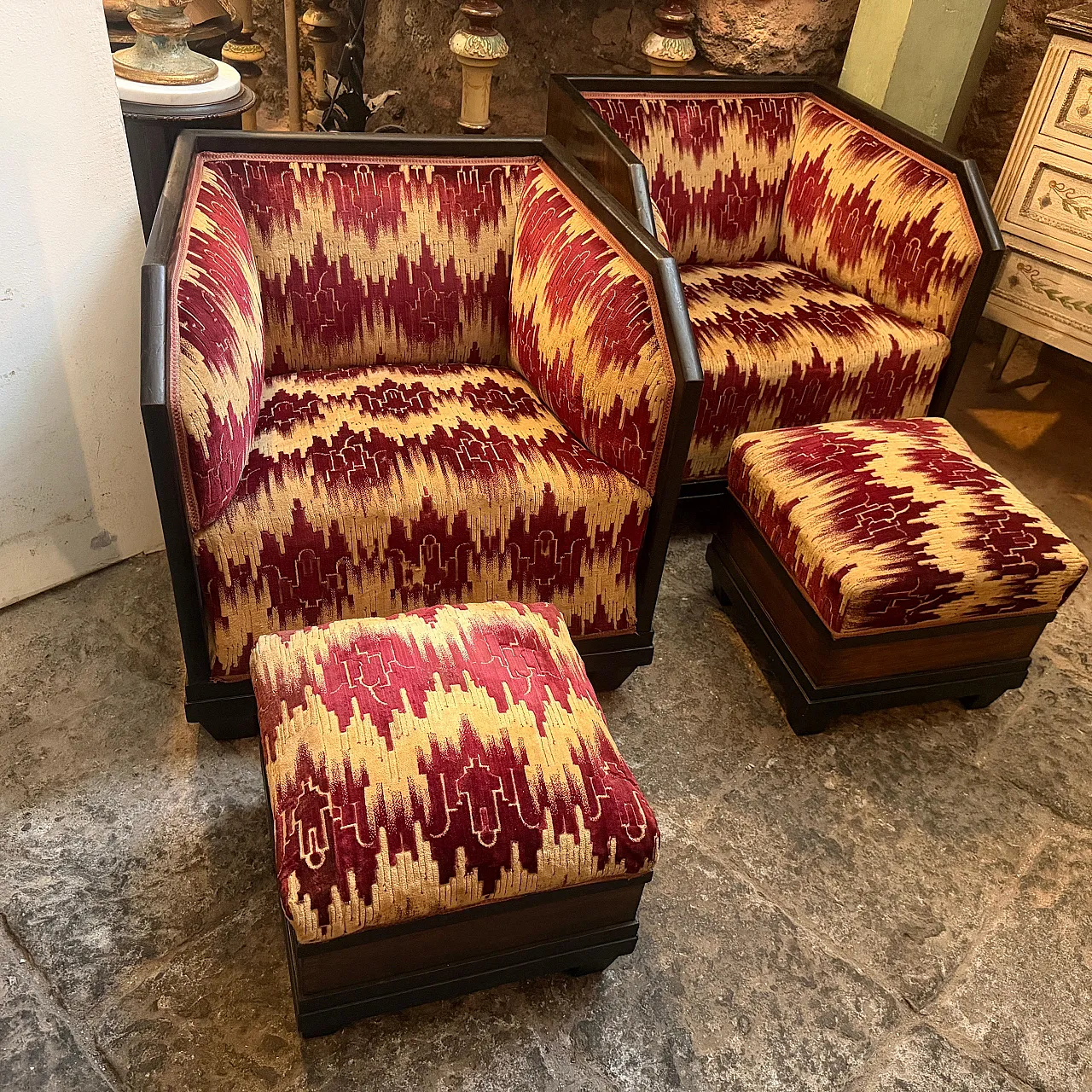 Set da soggiorno di 6 pezzi in legno e tessuto, anni '30 5