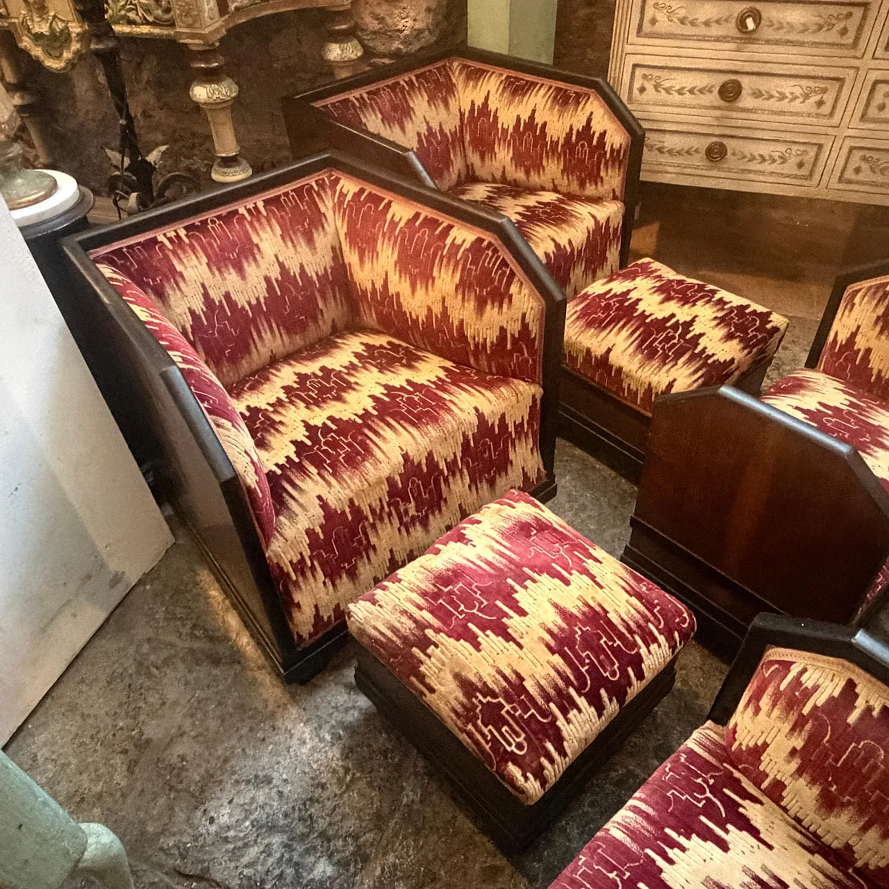 Set da soggiorno di 6 pezzi in legno e tessuto, anni '30 6