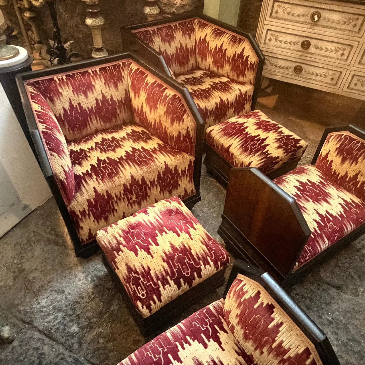 Set da soggiorno di 6 pezzi in legno e tessuto, anni '30 7