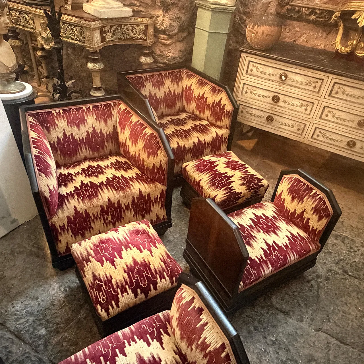 Set da soggiorno di 6 pezzi in legno e tessuto, anni '30 8