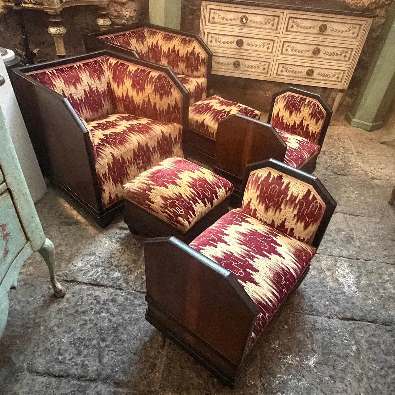 Set da soggiorno di 6 pezzi in legno e tessuto, anni '30 9