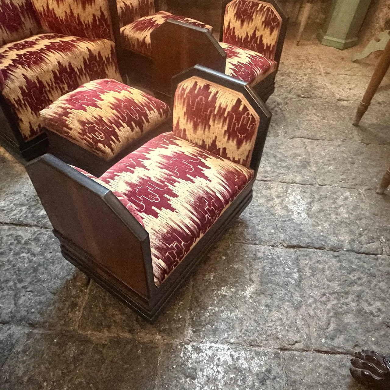 Set da soggiorno di 6 pezzi in legno e tessuto, anni '30 10