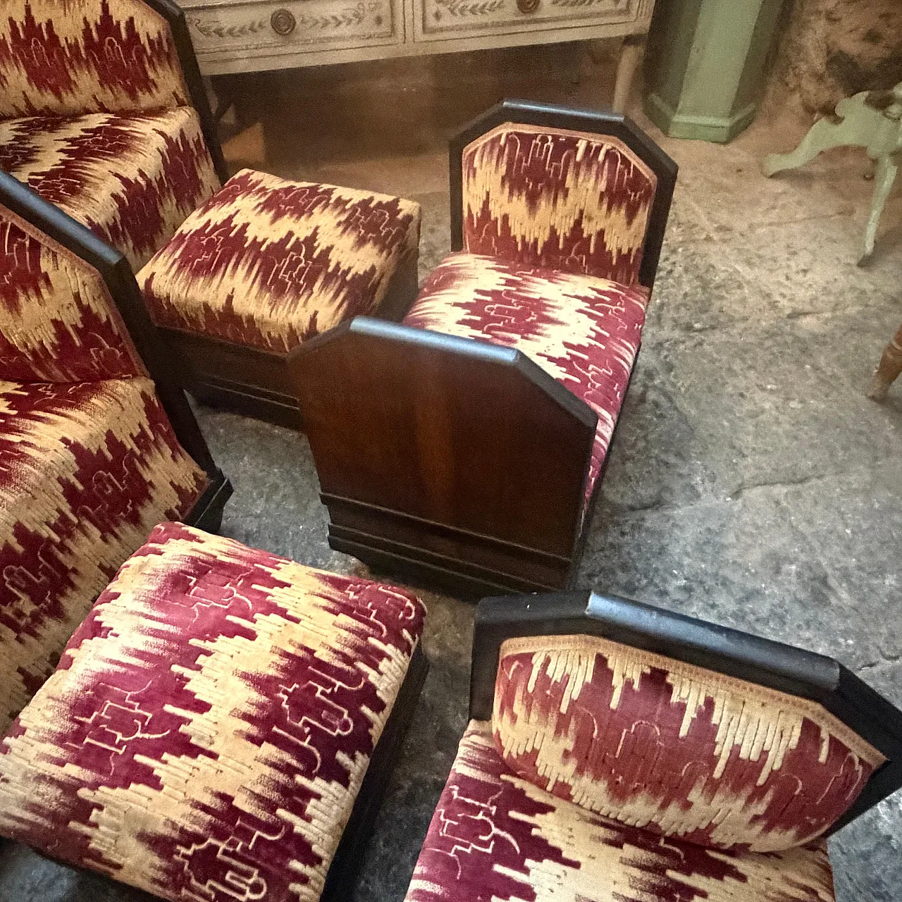 Set da soggiorno di 6 pezzi in legno e tessuto, anni '30 11