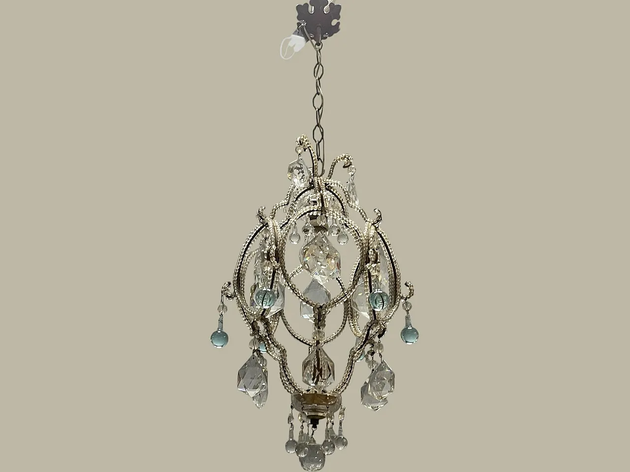 Pendant lamp with crystal beads and light blue Murano glass drops, 1960s 1