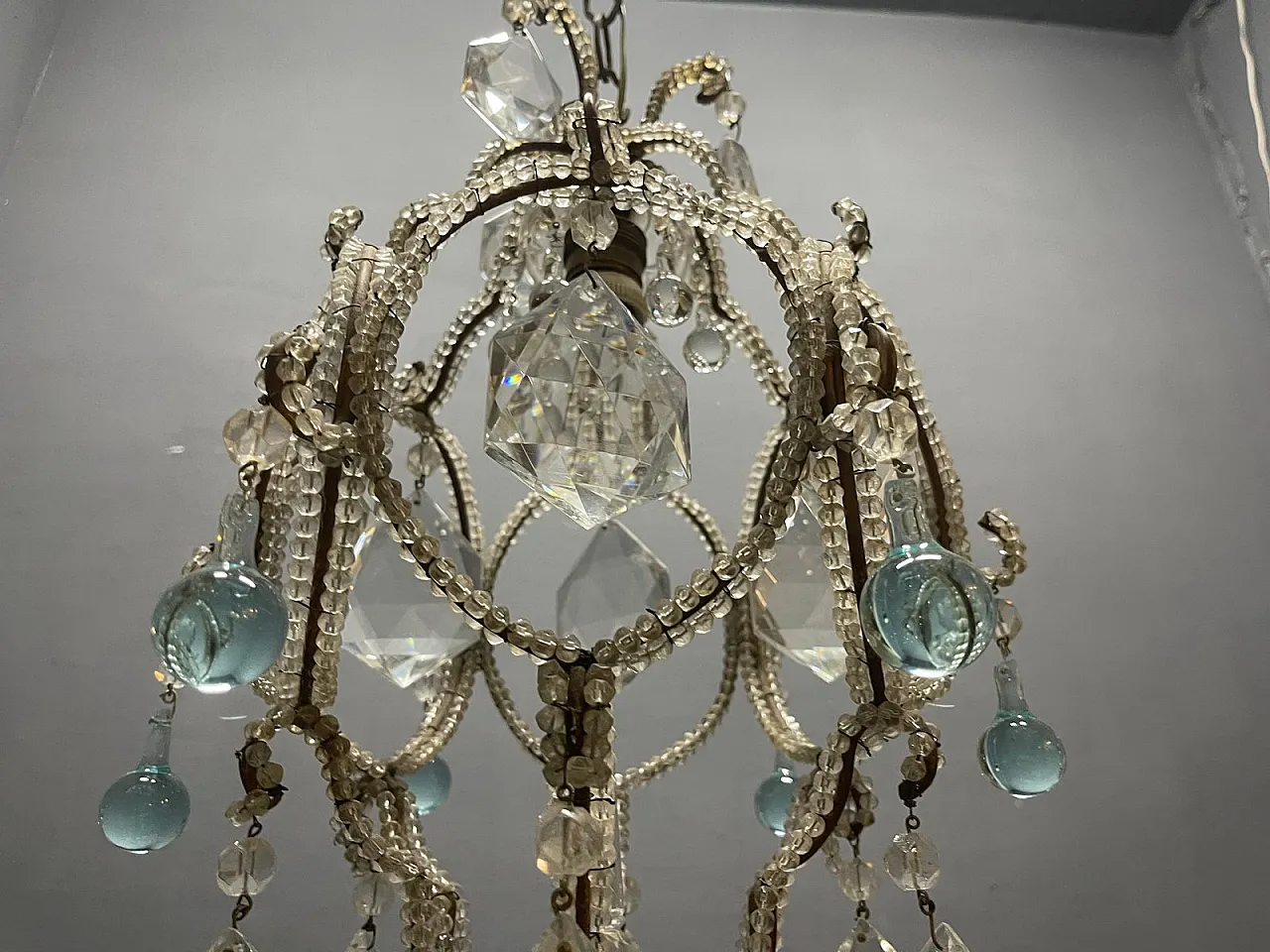 Pendant lamp with crystal beads and light blue Murano glass drops, 1960s 8