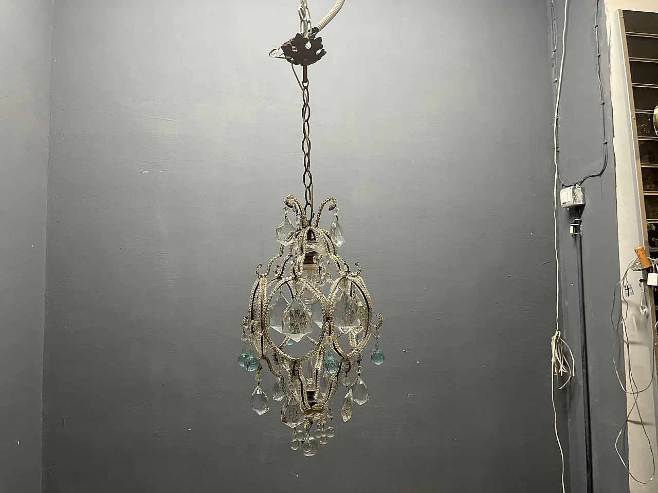 Pendant lamp with crystal beads and light blue Murano glass drops, 1960s 10