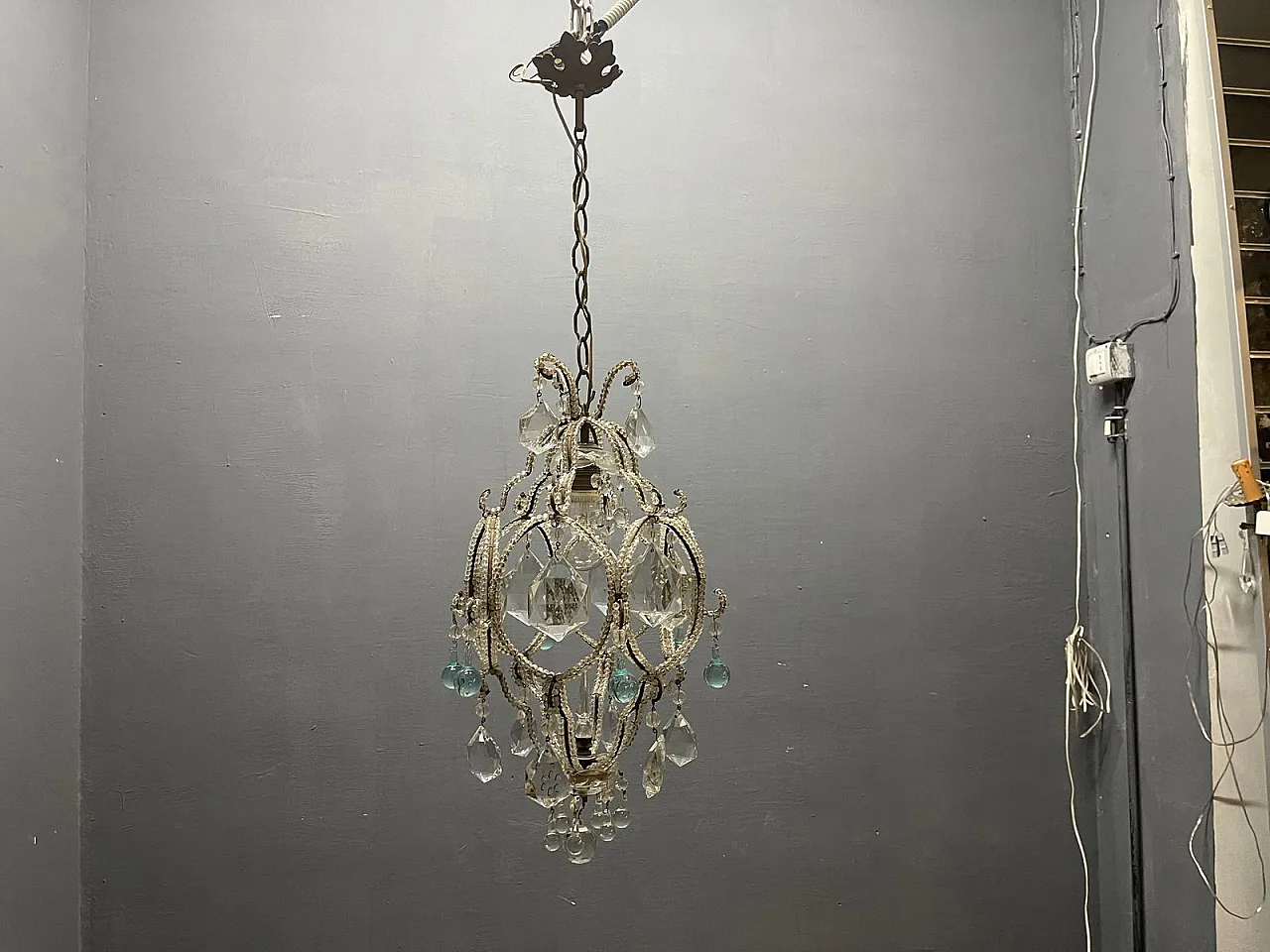 Pendant lamp with crystal beads and light blue Murano glass drops, 1960s 11