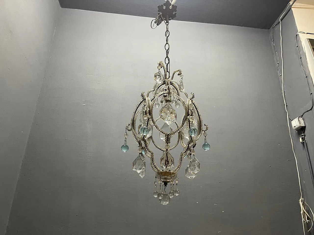 Pendant lamp with crystal beads and light blue Murano glass drops, 1960s 12