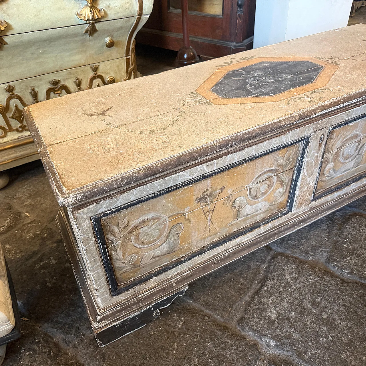 Cassapanca in legno dipinto a mano in stile neoclassico, '800 15