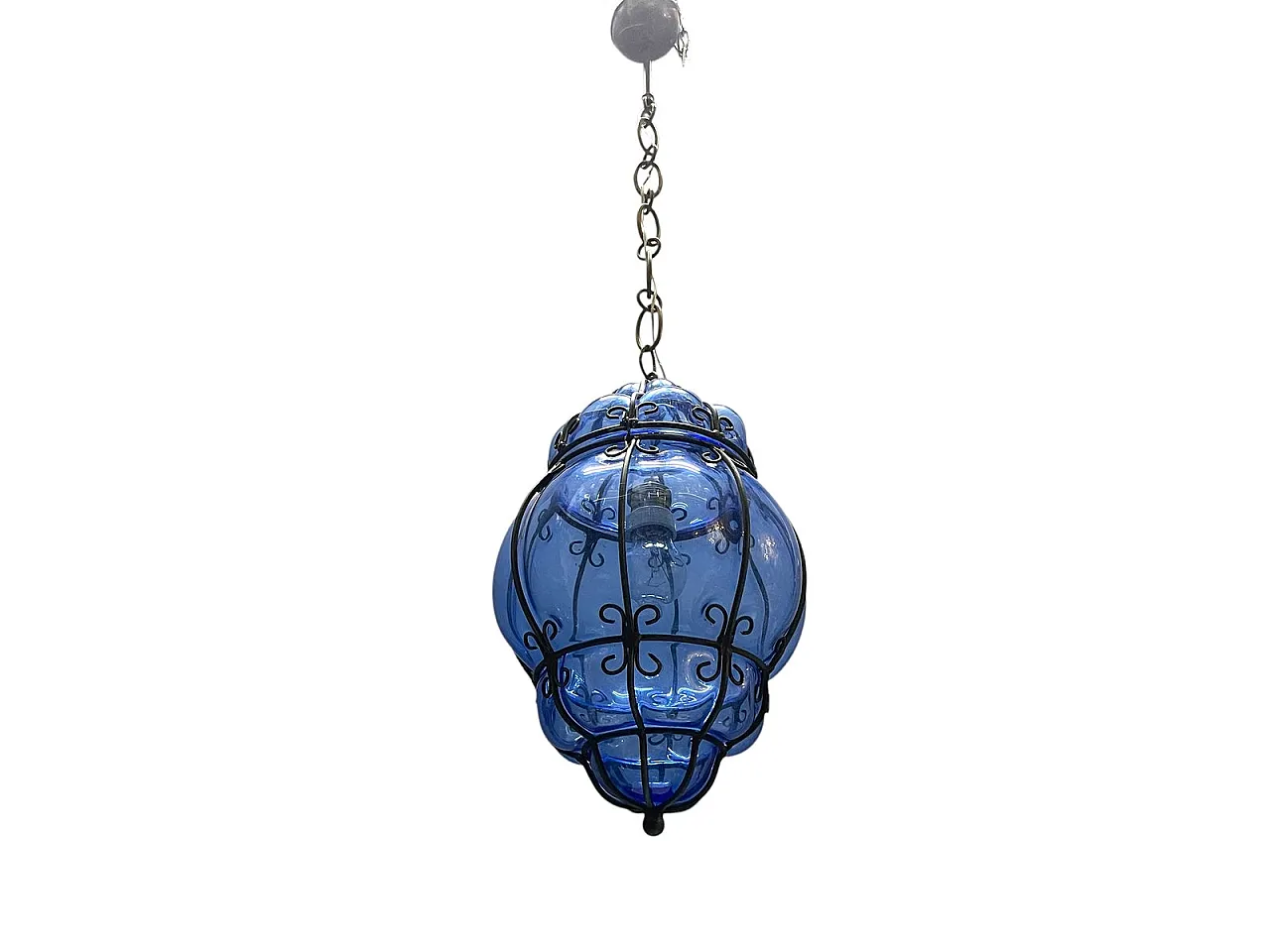 Lampada a sospensione in ferro battuto e vetro di Murano, anni '80 1