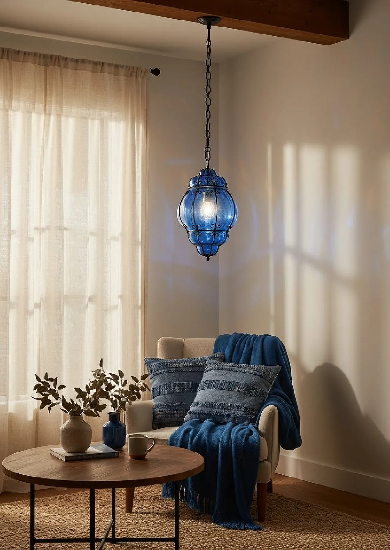 Lampada a sospensione in ferro battuto e vetro di Murano, anni '80 2