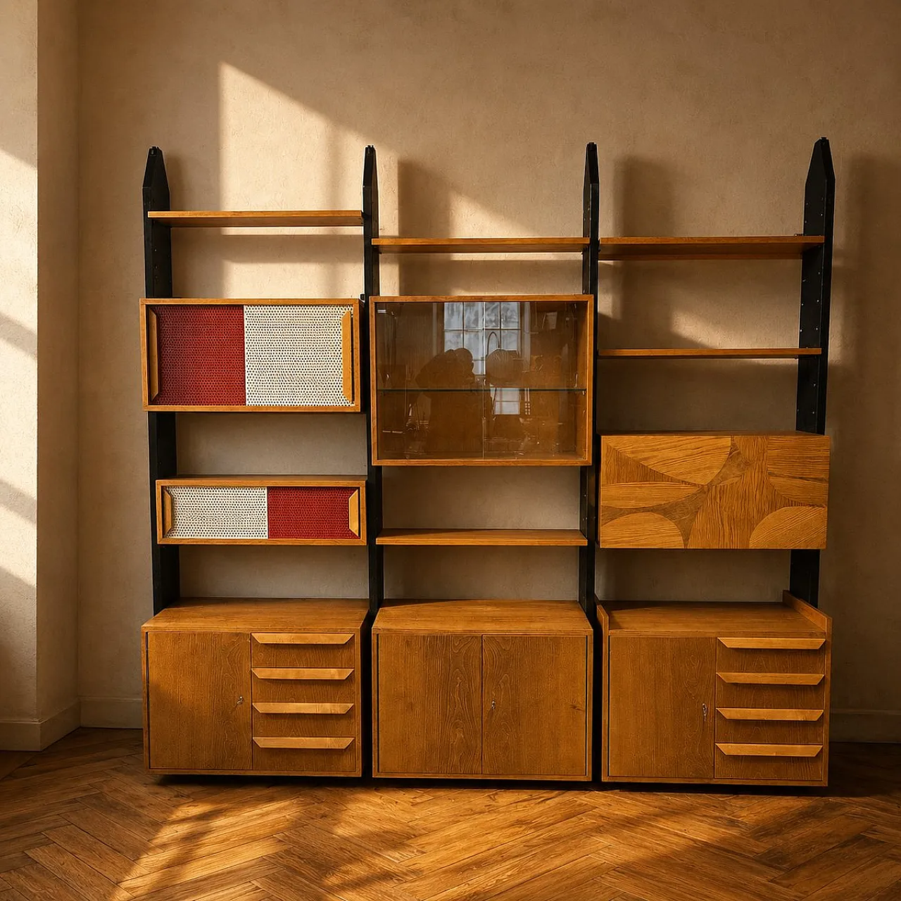 Libreria con armadi impiallacciati e supporti in legno, anni '70 1