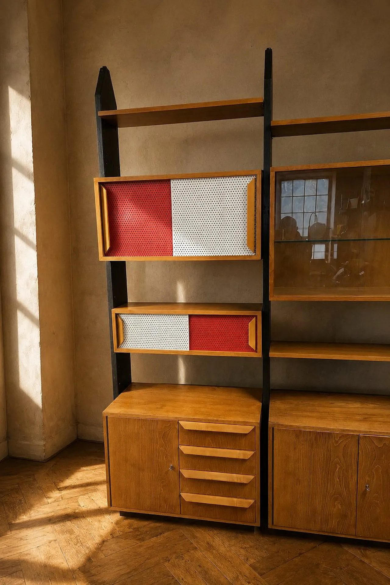 Libreria con armadi impiallacciati e supporti in legno, anni '70 2