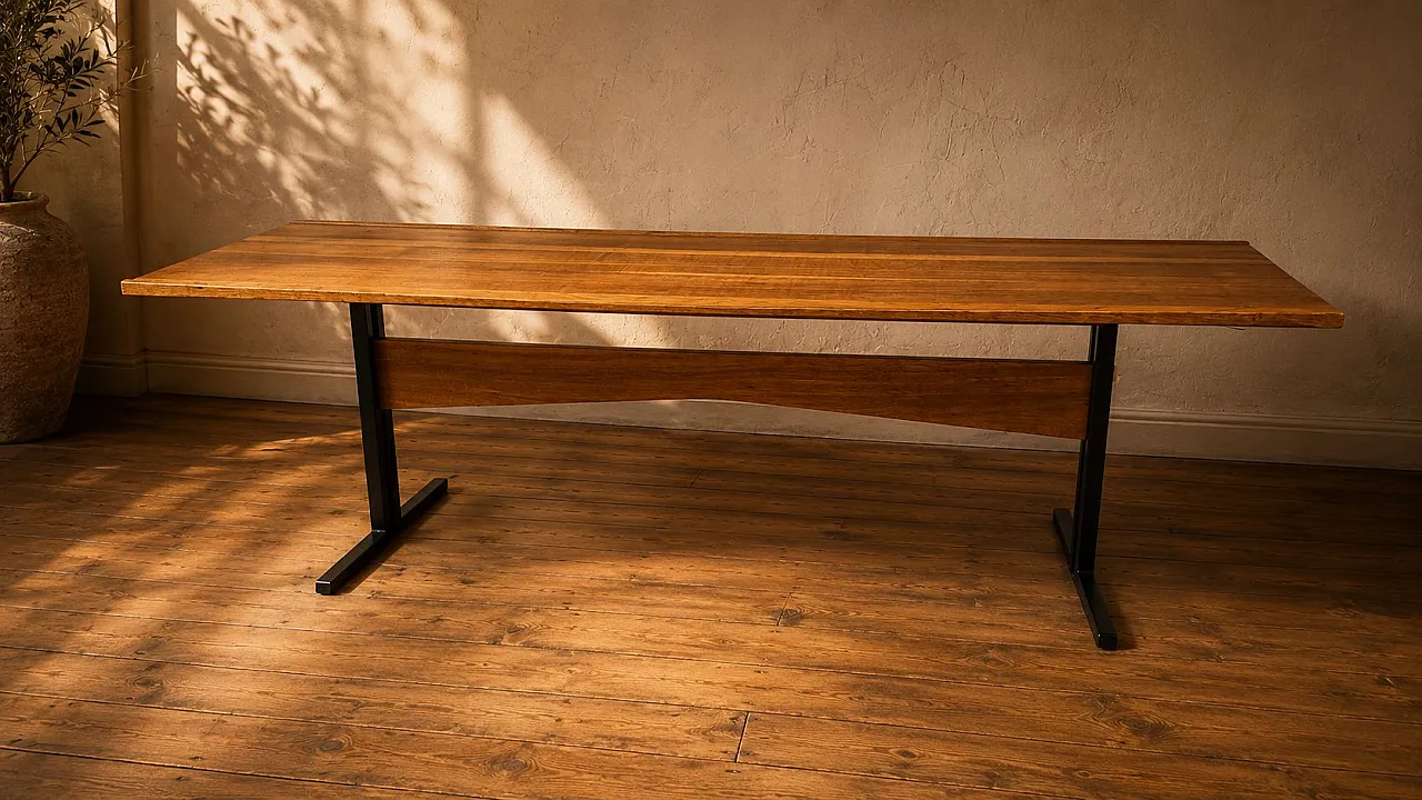 Rectangular coffee table with wooden top and black metal base, 1960s 1