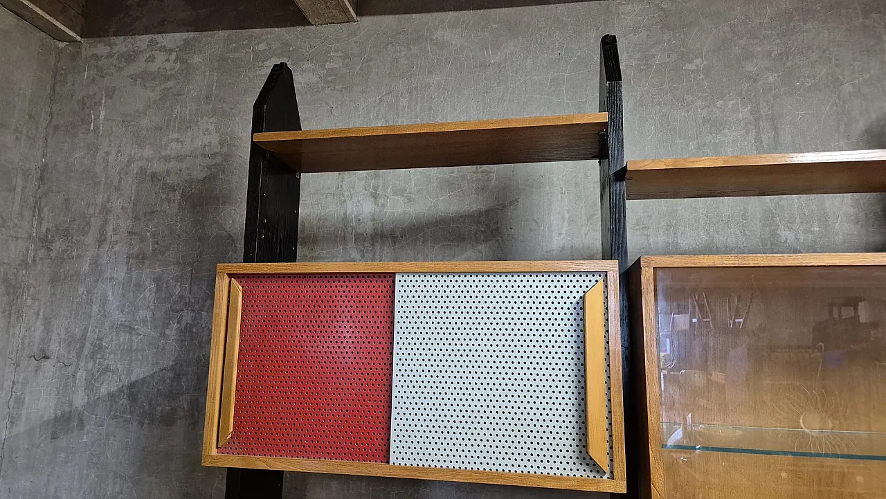 Libreria con armadi impiallacciati e supporti in legno, anni '70 6