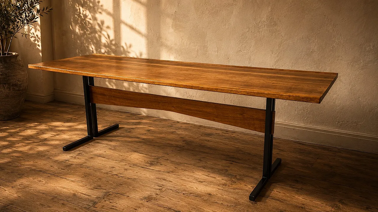 Rectangular coffee table with wooden top and black metal base, 1960s 3