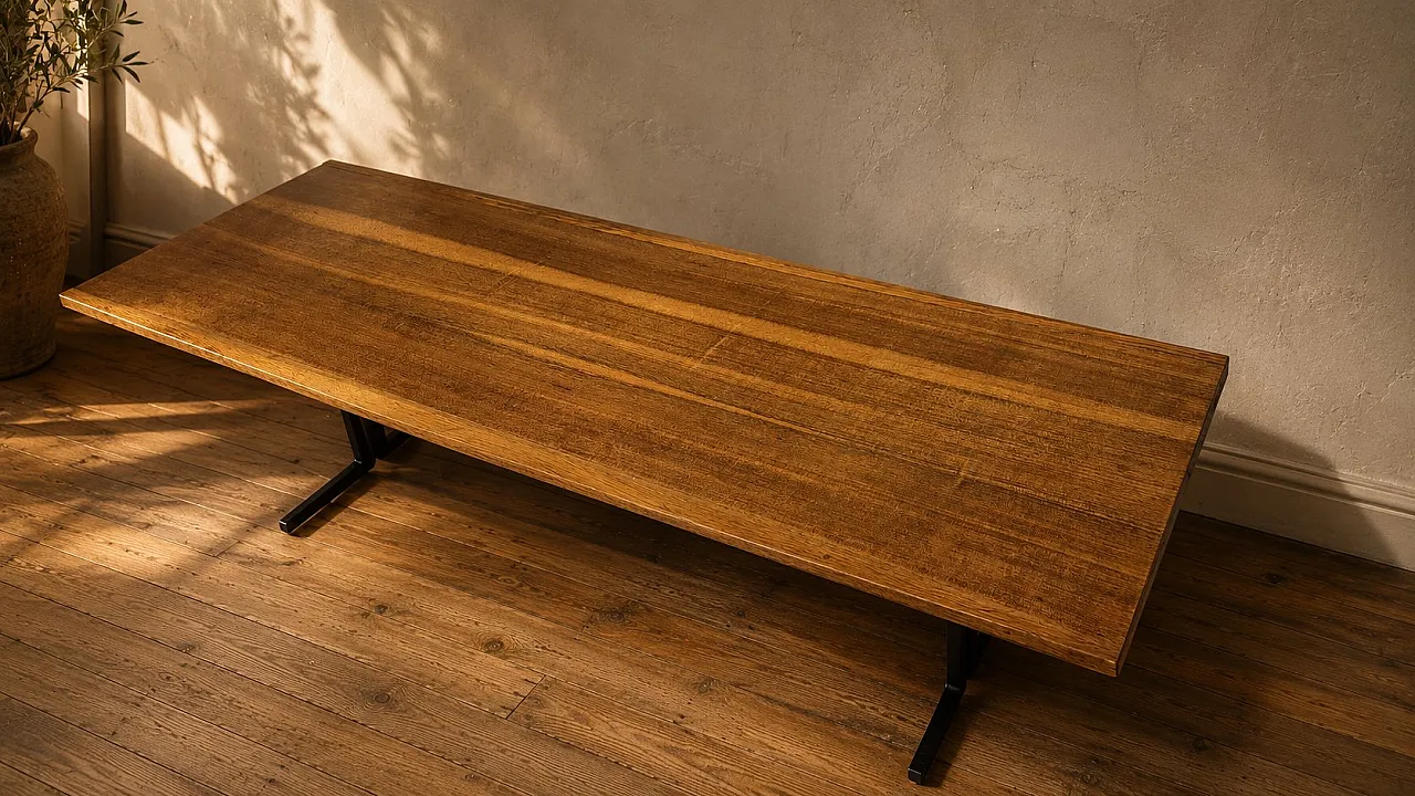 Rectangular coffee table with wooden top and black metal base, 1960s 4
