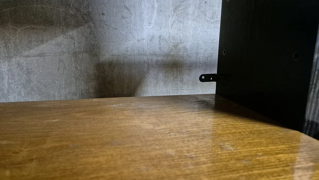 Libreria con armadi impiallacciati e supporti in legno, anni '70 9