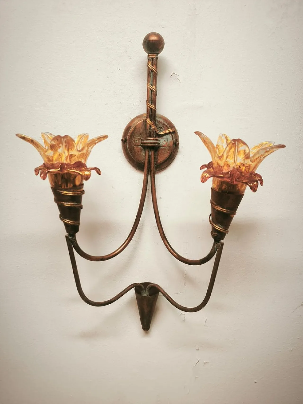 Two-light wall lamp with Murano glass, 1980s 1