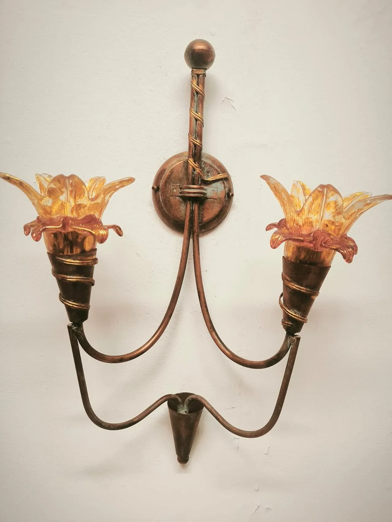 Two-light wall lamp with Murano glass, 1980s 2