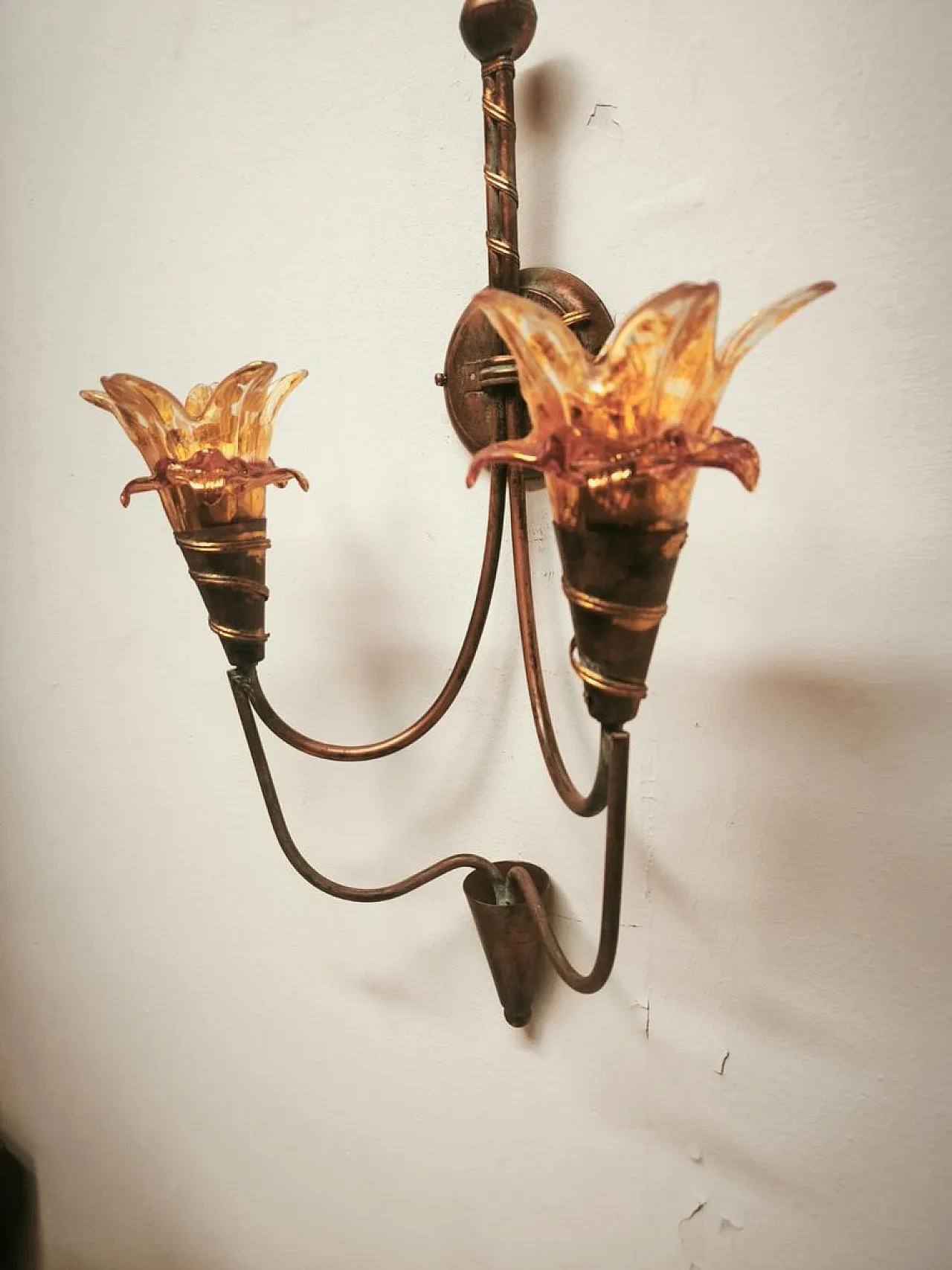 Two-light wall lamp with Murano glass, 1980s 8
